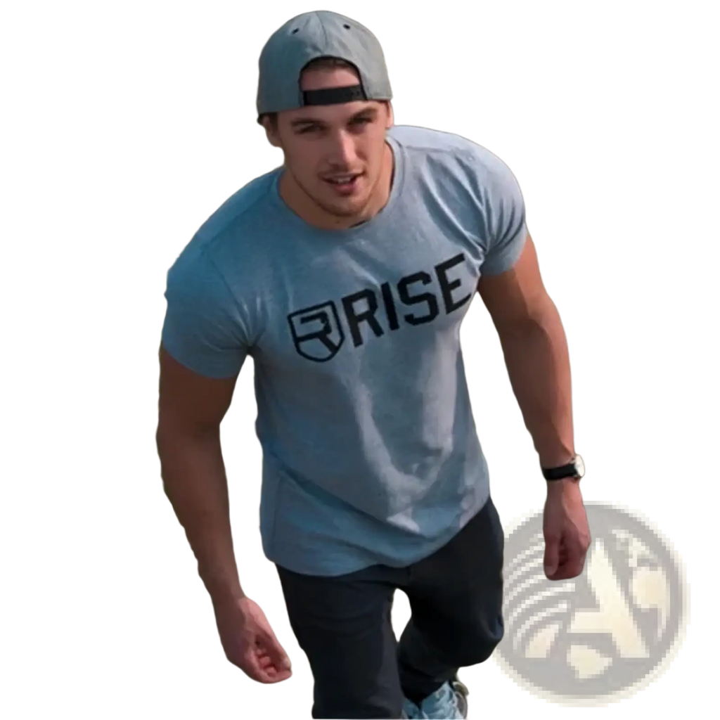 Light blue heathered men gold rise logo workout tshirt with black rise logo and shield emblem on front