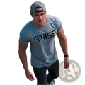 Light blue heathered men gold rise logo workout tshirt with black rise logo and shield emblem on front