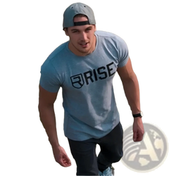 Light blue heathered men gold rise logo workout tshirt with black rise logo and shield emblem on front