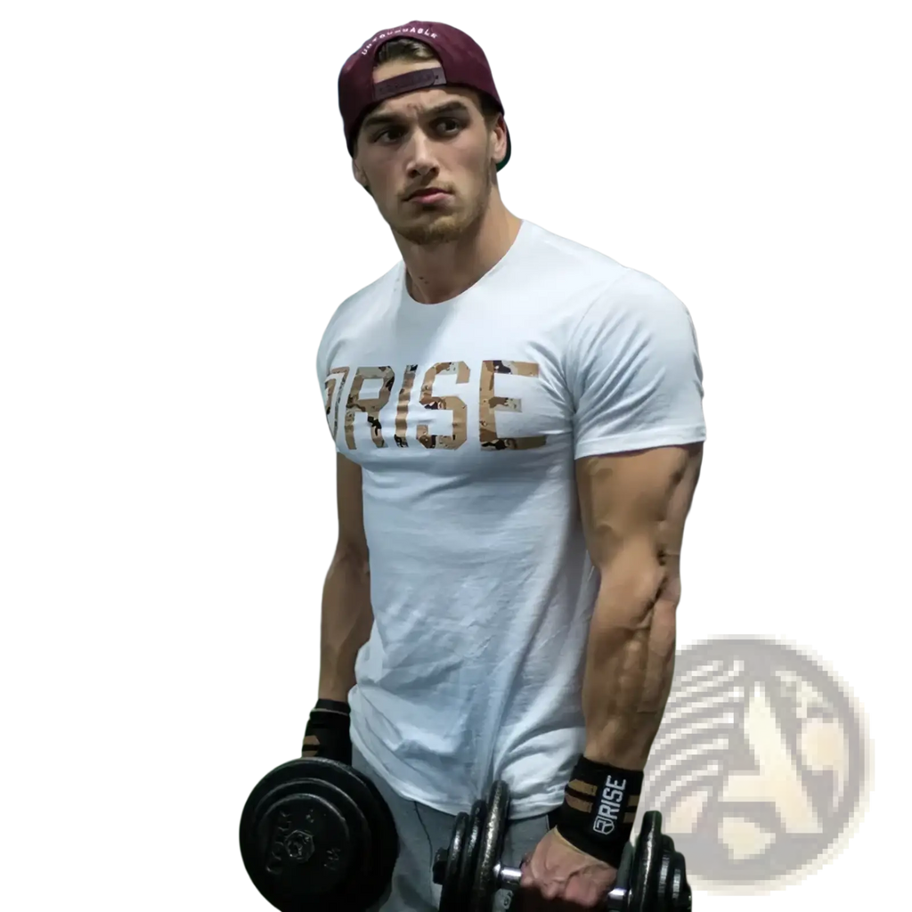 White men gold rise logo workout t shirt with distressed gold print on chest made from breathable fabric