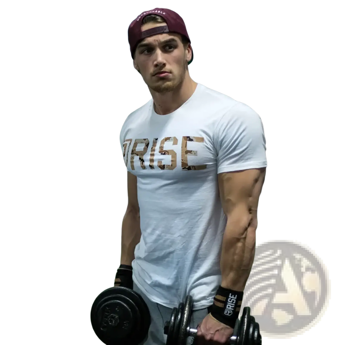 White men gold rise logo workout t shirt with distressed gold print on chest made from breathable fabric
