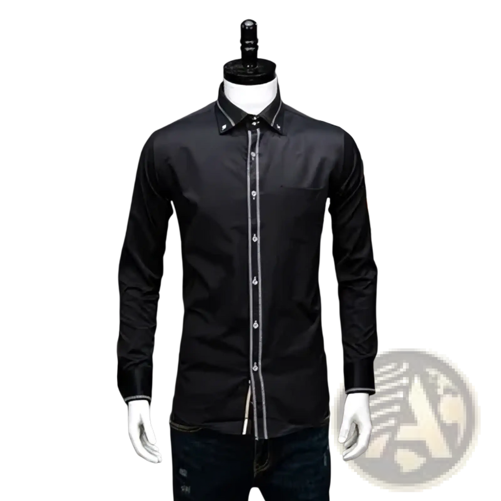 Men gold trim dress shirt slim fit black long-sleeved with subtle white piping for business casual wear