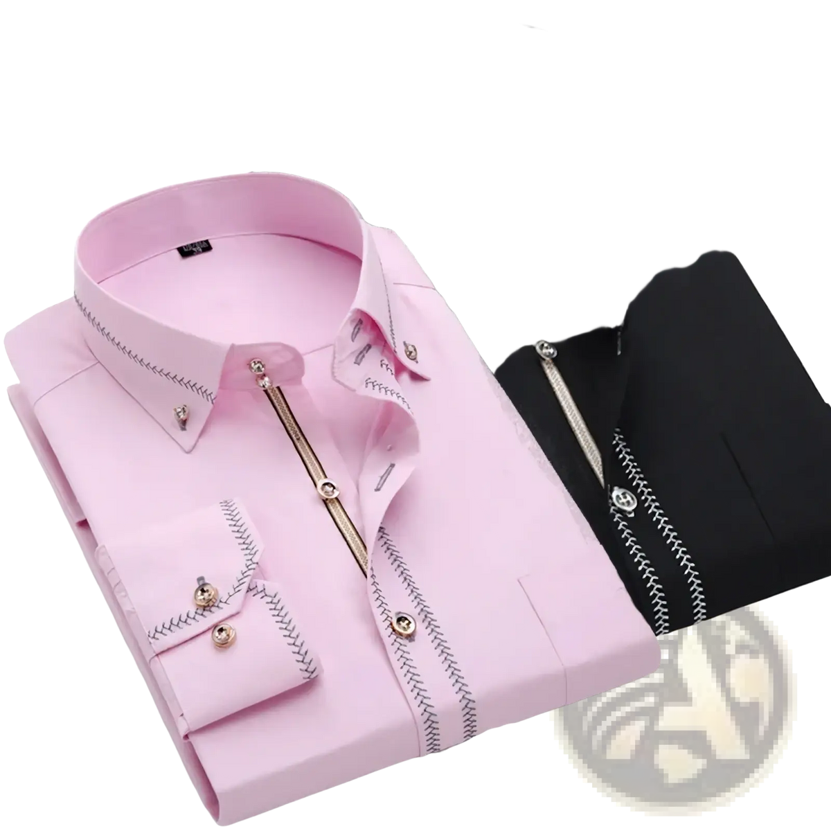 Men gold trim dress shirt slim fit business casual pink and black with button-down collar and metallic button accents