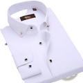 Men gold trim dress shirt slim fit business casual white kidon fabric with button-down collar and silver square buttons