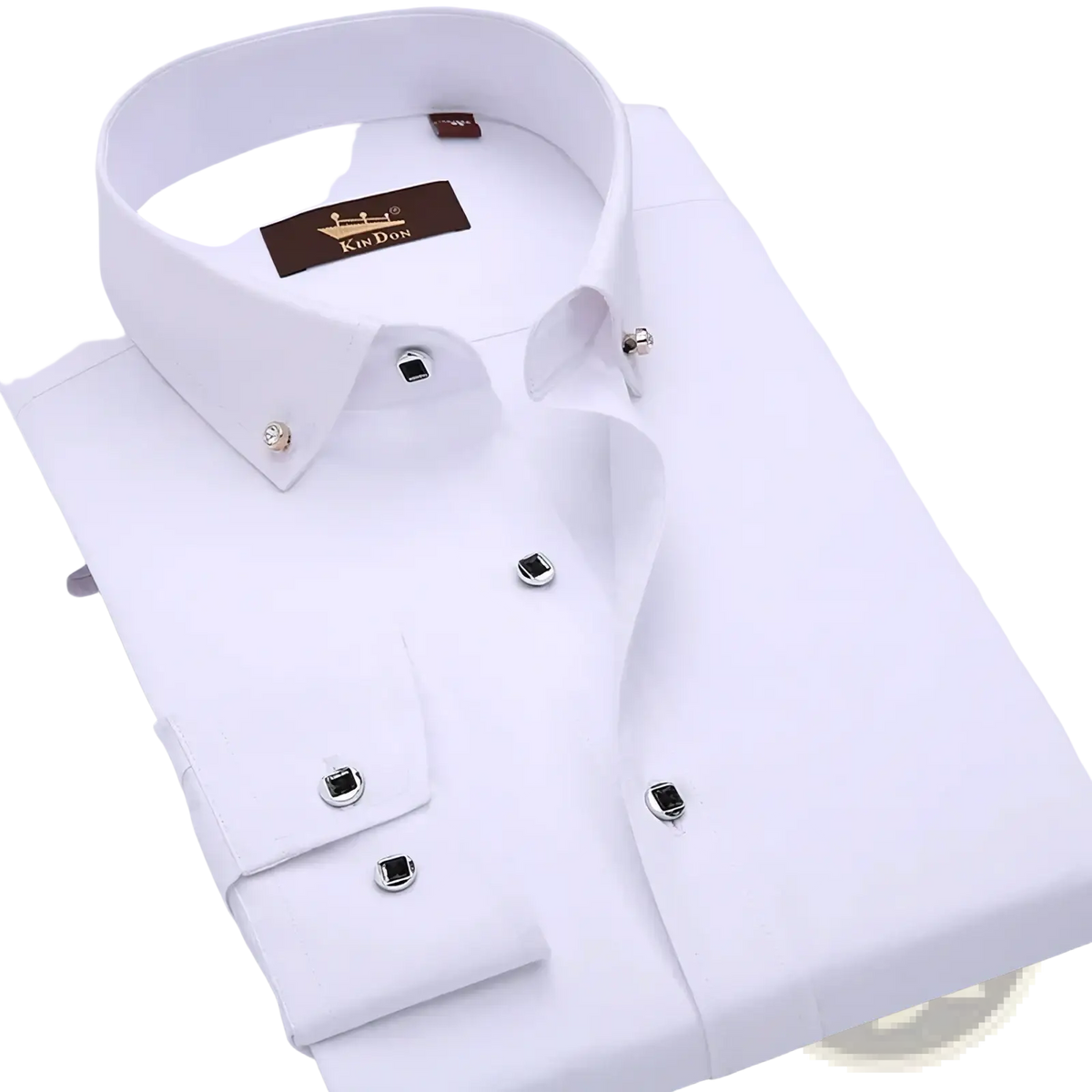 Men gold trim dress shirt slim fit business casual white kidon fabric with button-down collar and silver square buttons