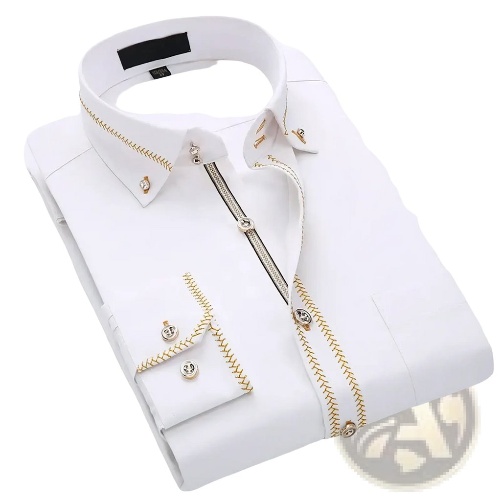 White men gold trim dress shirt with gold zigzag stitching and decorative buttons for business casual wear
