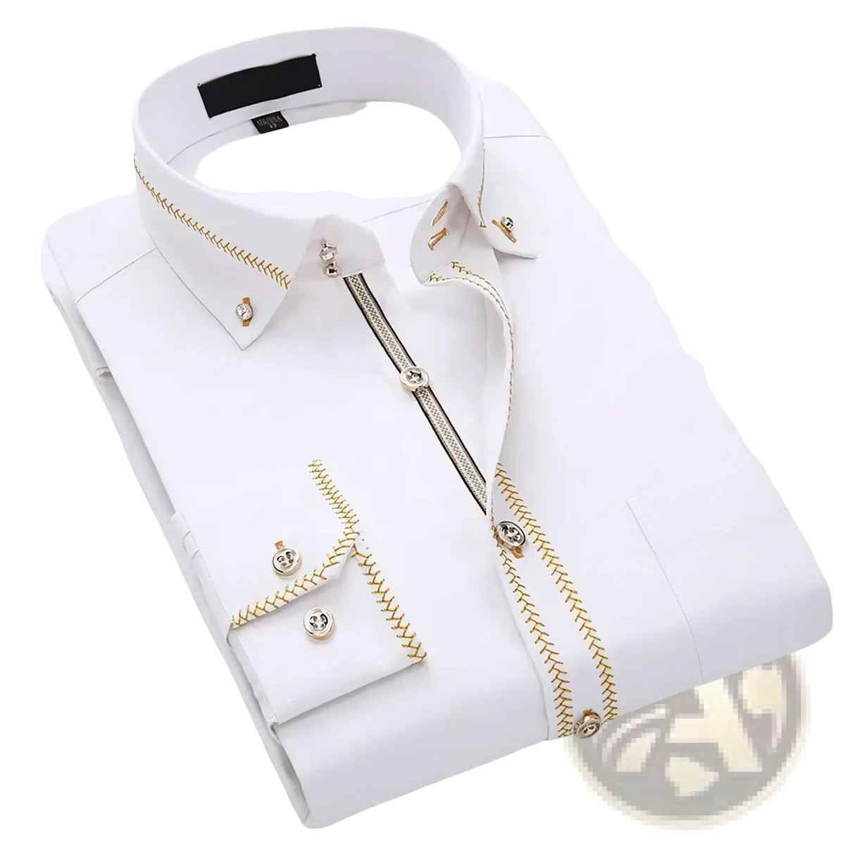 White men gold trim dress shirt with gold zigzag stitching and decorative buttons for business casual wear