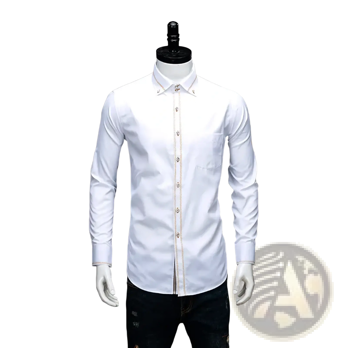 White slim fit long-sleeve button-down shirt with gold trim on placket and cuffs for business casual wear