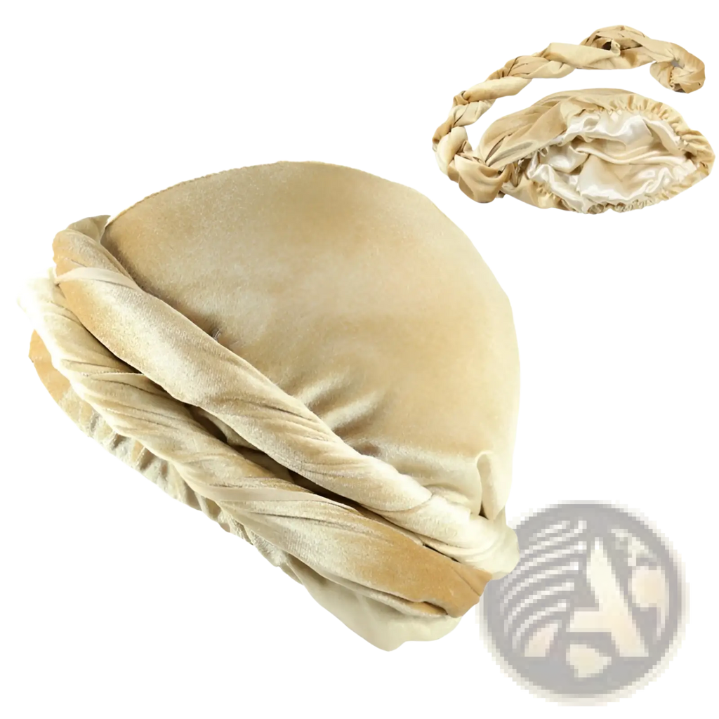 Men gold velvet turban hat in beige with braided detailing and satin-lined interior for elegant wear