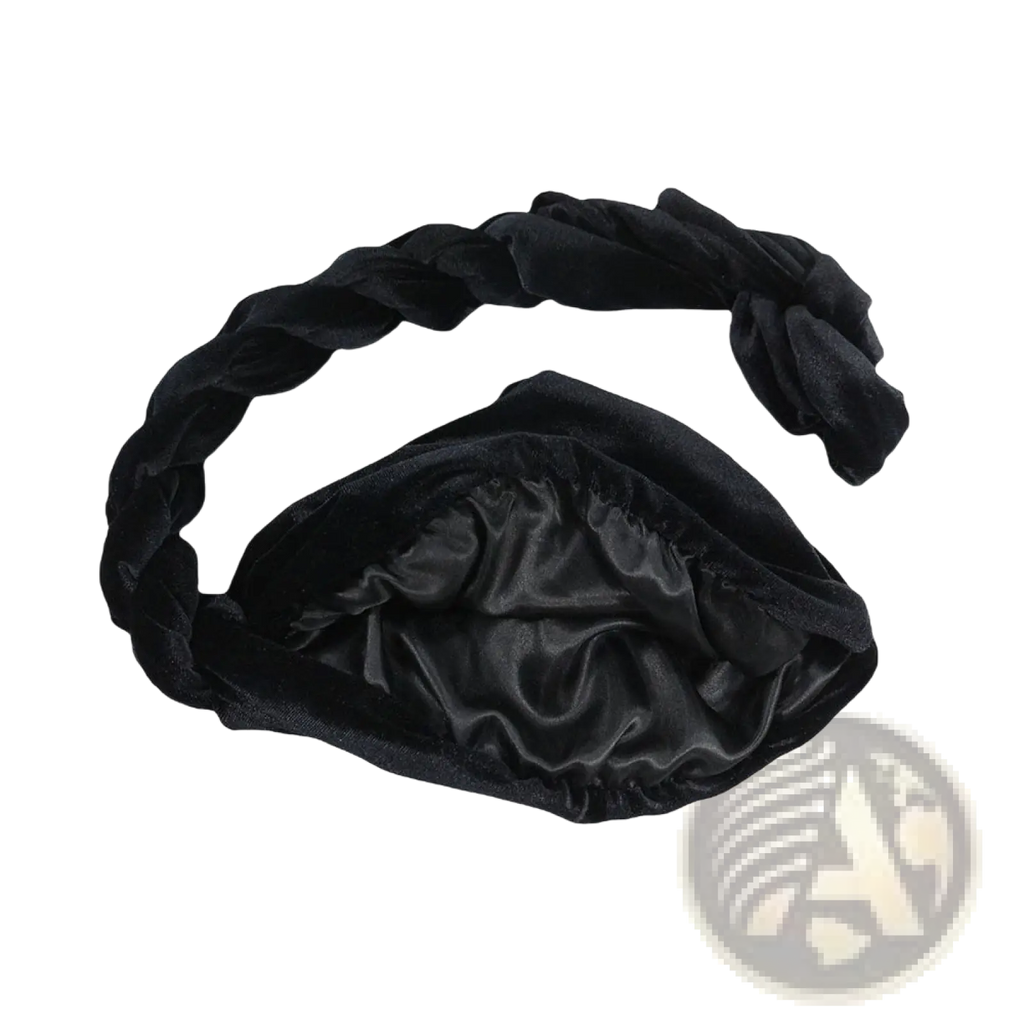 Black velvet braided headband with satin-lined interior featured in men gold velvet turban hat collection