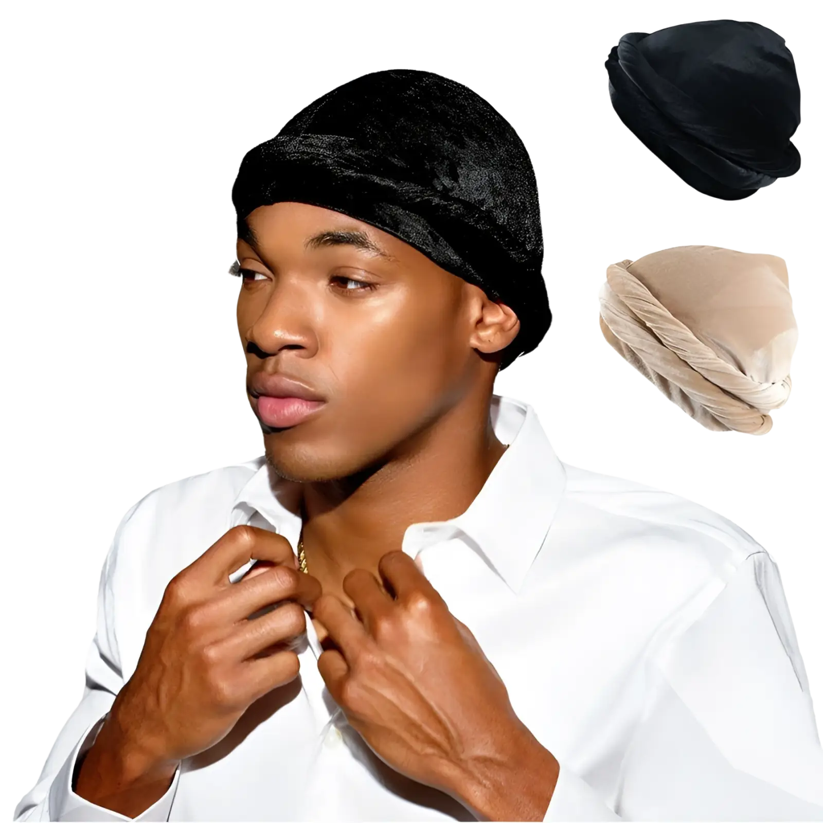 A man in a white shirt wearing a black velvet turban hat showcasing the front design of the men gold velvet turban hat