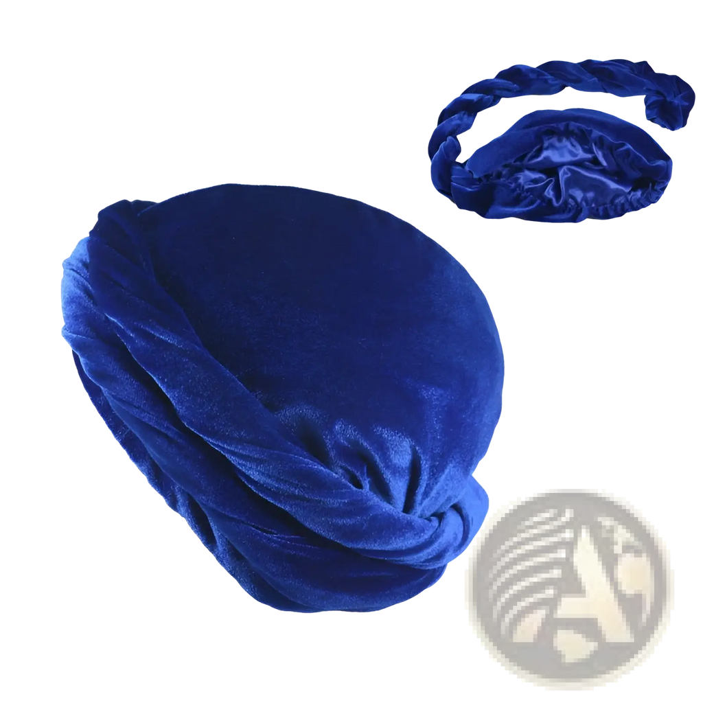 Royal blue velvet turban with matching braided headband for men gold velvet turban hat collection
