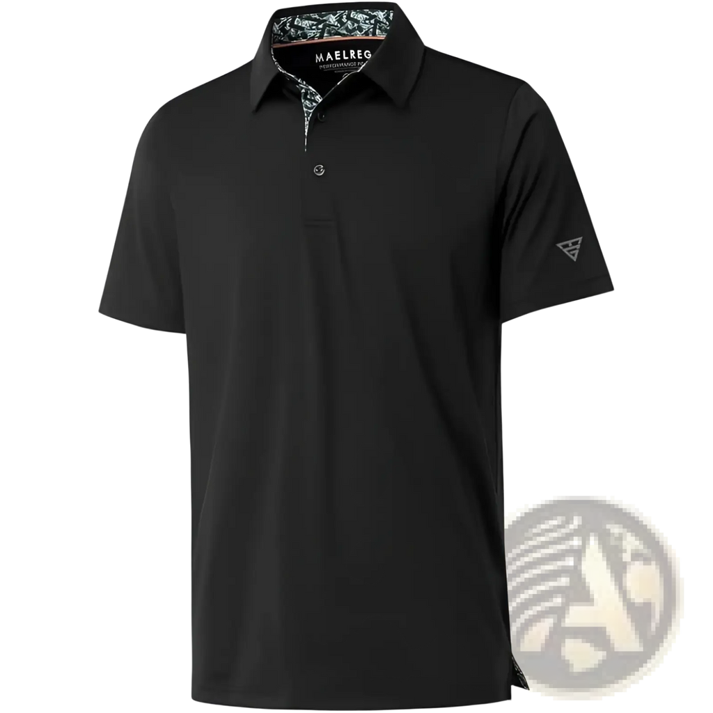 Black maelreg men golf polo shirt quick drying breathable with subtle patterned inner collar and small sleeve logo