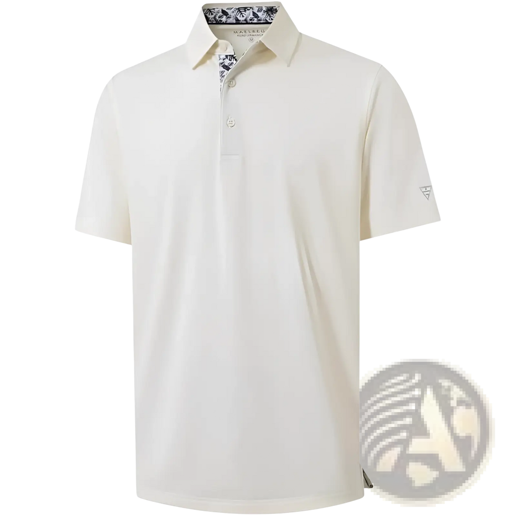 Cream-colored men golf polo shirt quick drying breathable with subtle patterned inner collar and sleeve branding