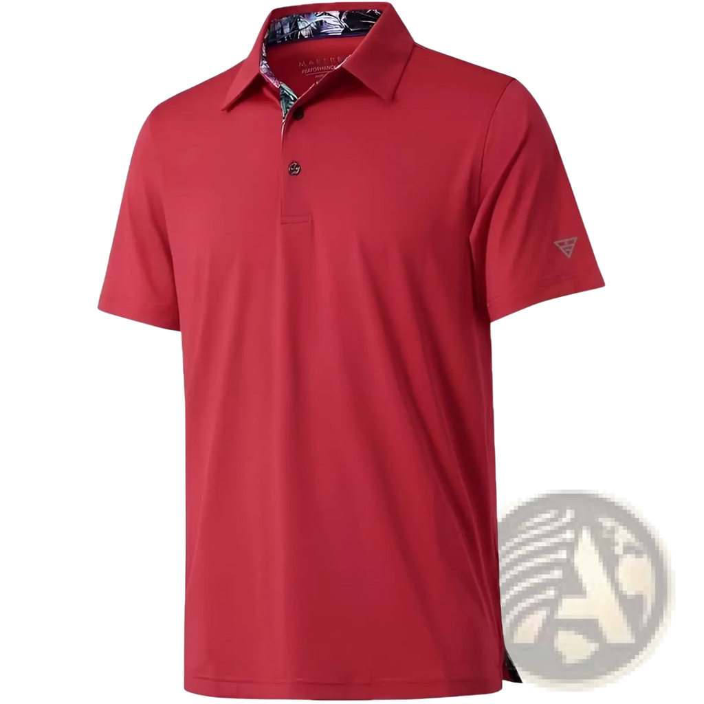Men golf polo shirt quick drying breathable red with contrasting patterned inner collar and subtle brand logo on sleeve