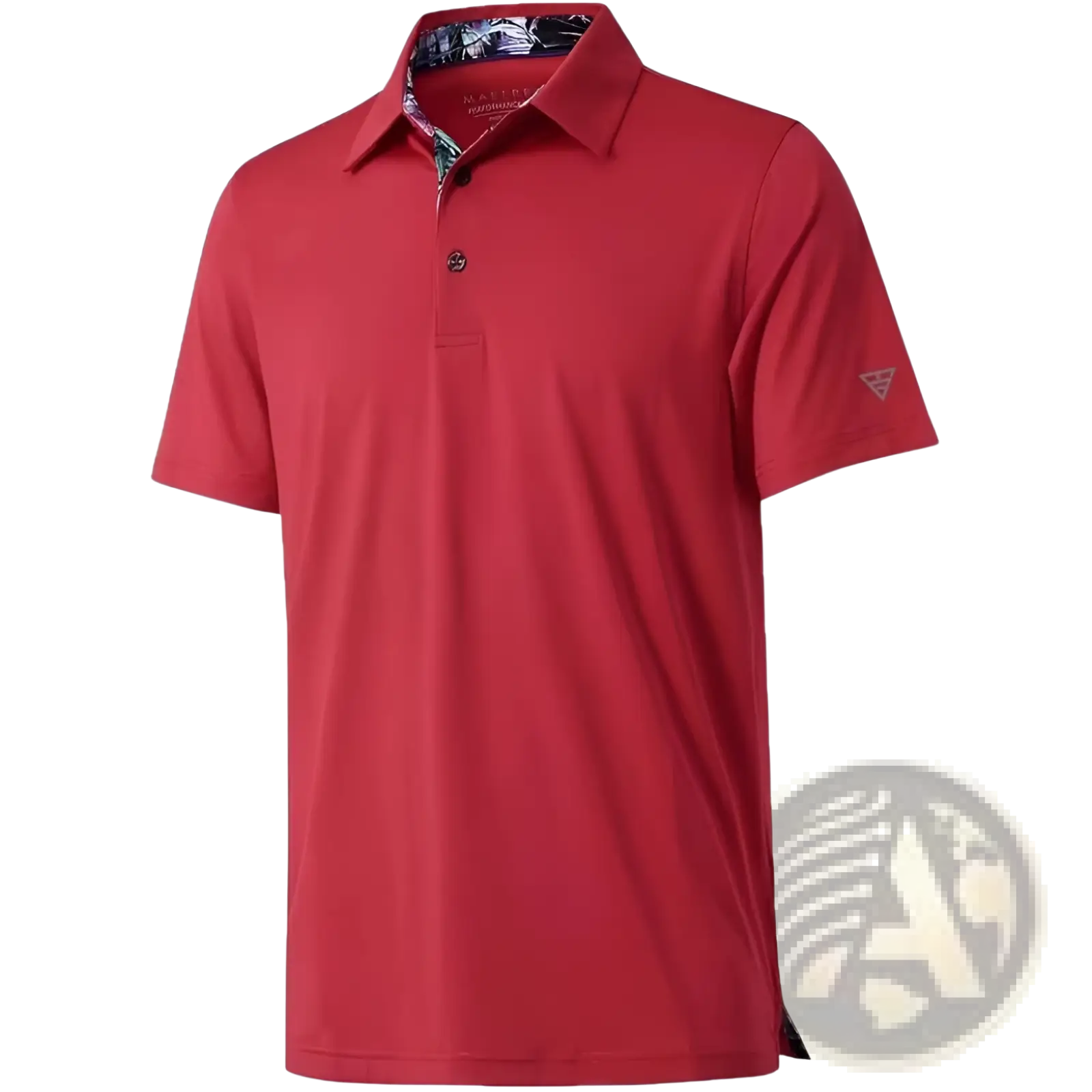 Men golf polo shirt quick drying breathable red with contrasting patterned inner collar and subtle brand logo on sleeve