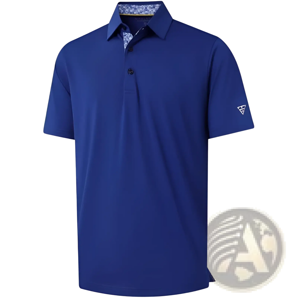 Royal blue men golf polo shirt with quick drying breathable fabric and subtle patterned inner collar and sleeve logo