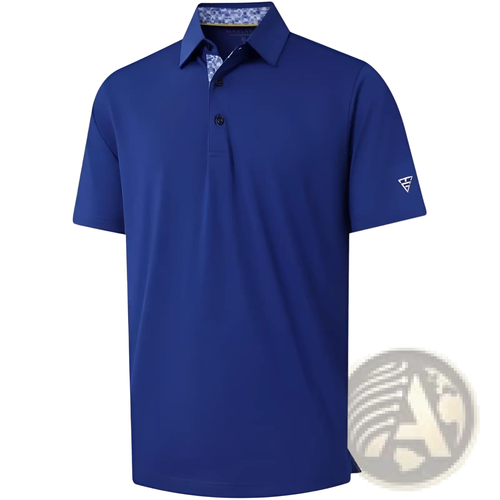 Royal blue men golf polo shirt with quick drying breathable fabric and subtle patterned inner collar and sleeve logo
