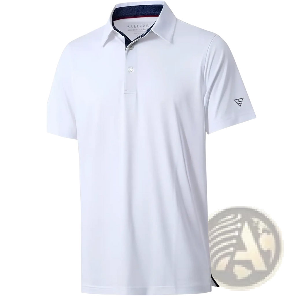 Men golf polo shirt quick drying breathable white with navy inner collar and subtle sleeve logo made of maelrec fabric
