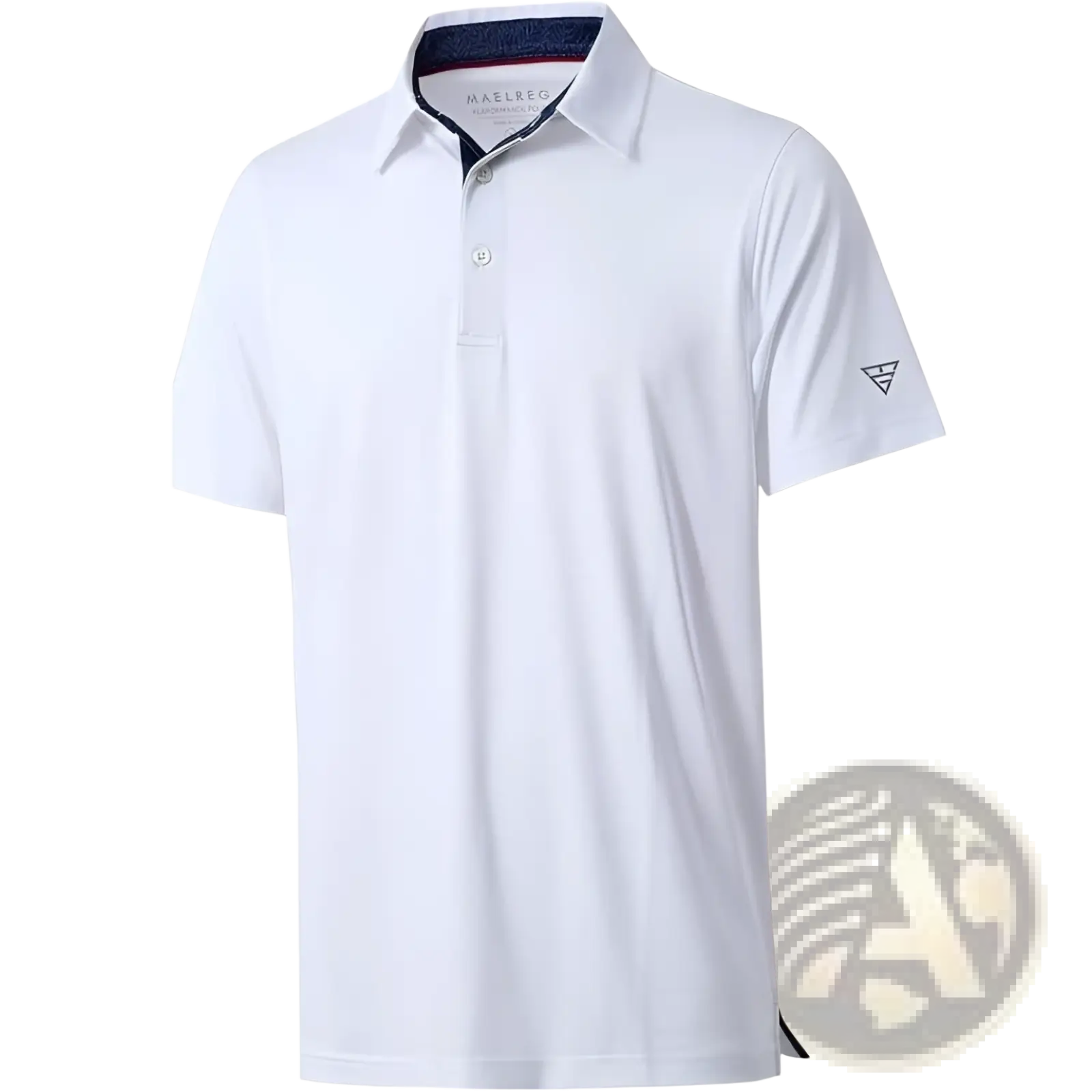 Men golf polo shirt quick drying breathable white with navy inner collar and subtle sleeve logo made of maelrec fabric