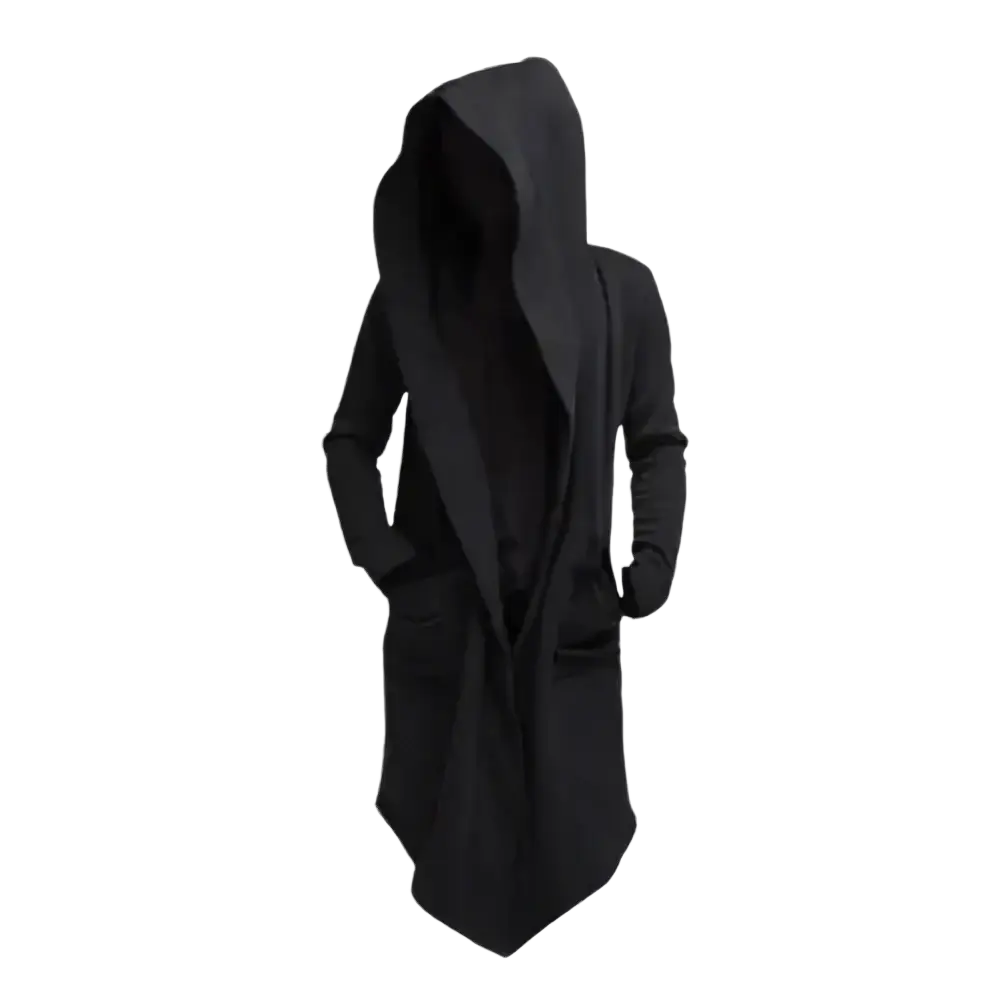 Black hooded long cloak jacket for men with long sleeves and flowing asymmetrical hemline shown from the back