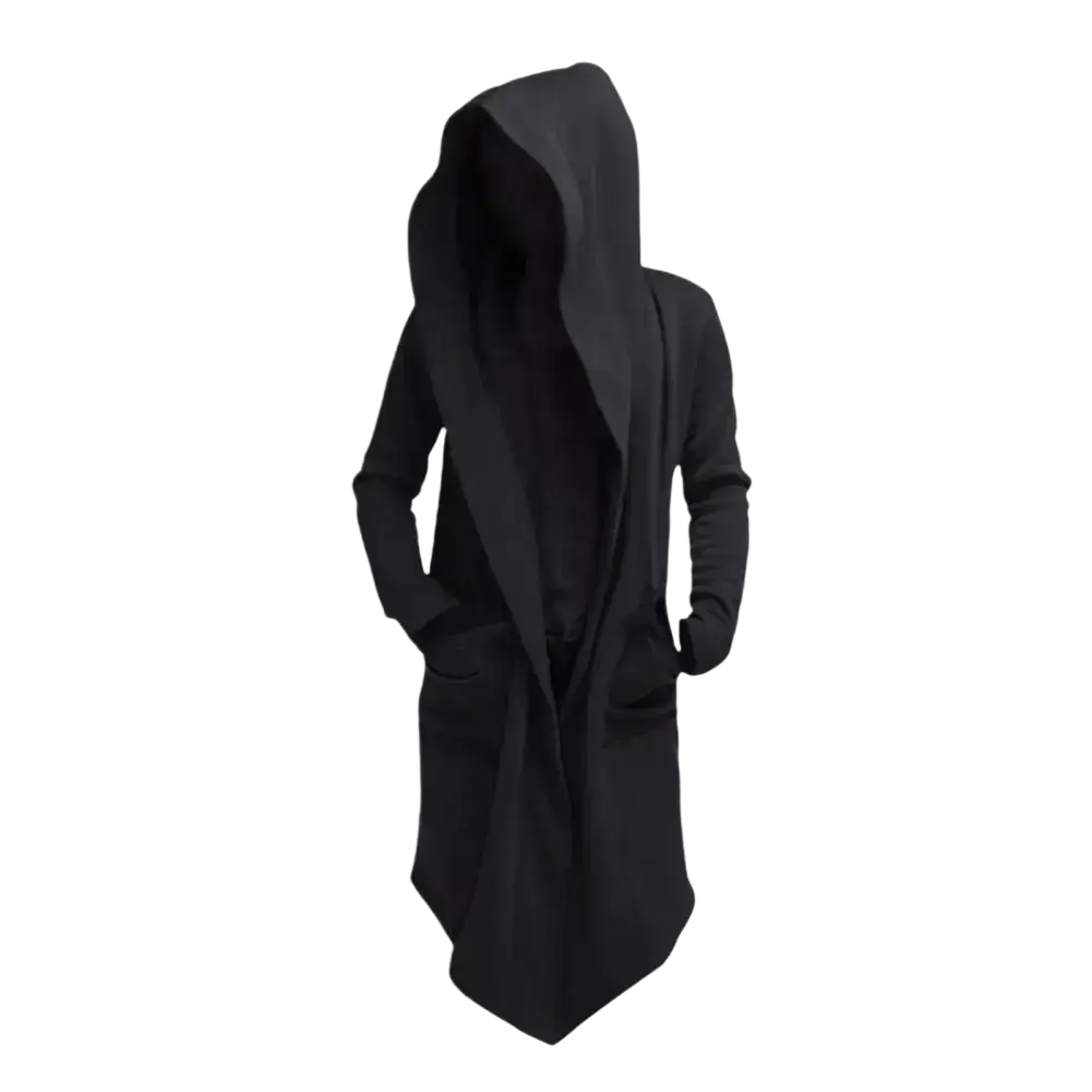 Men gothic hooded long black cloak jacket with front pockets and long sleeves designed for gothic style wear