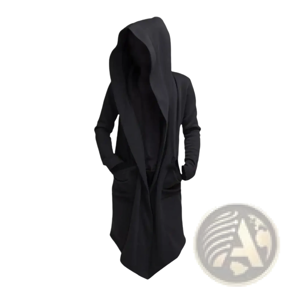 Men gothic hooded long cloak jacket in black with relaxed asymmetrical hem and front pockets visible from the front