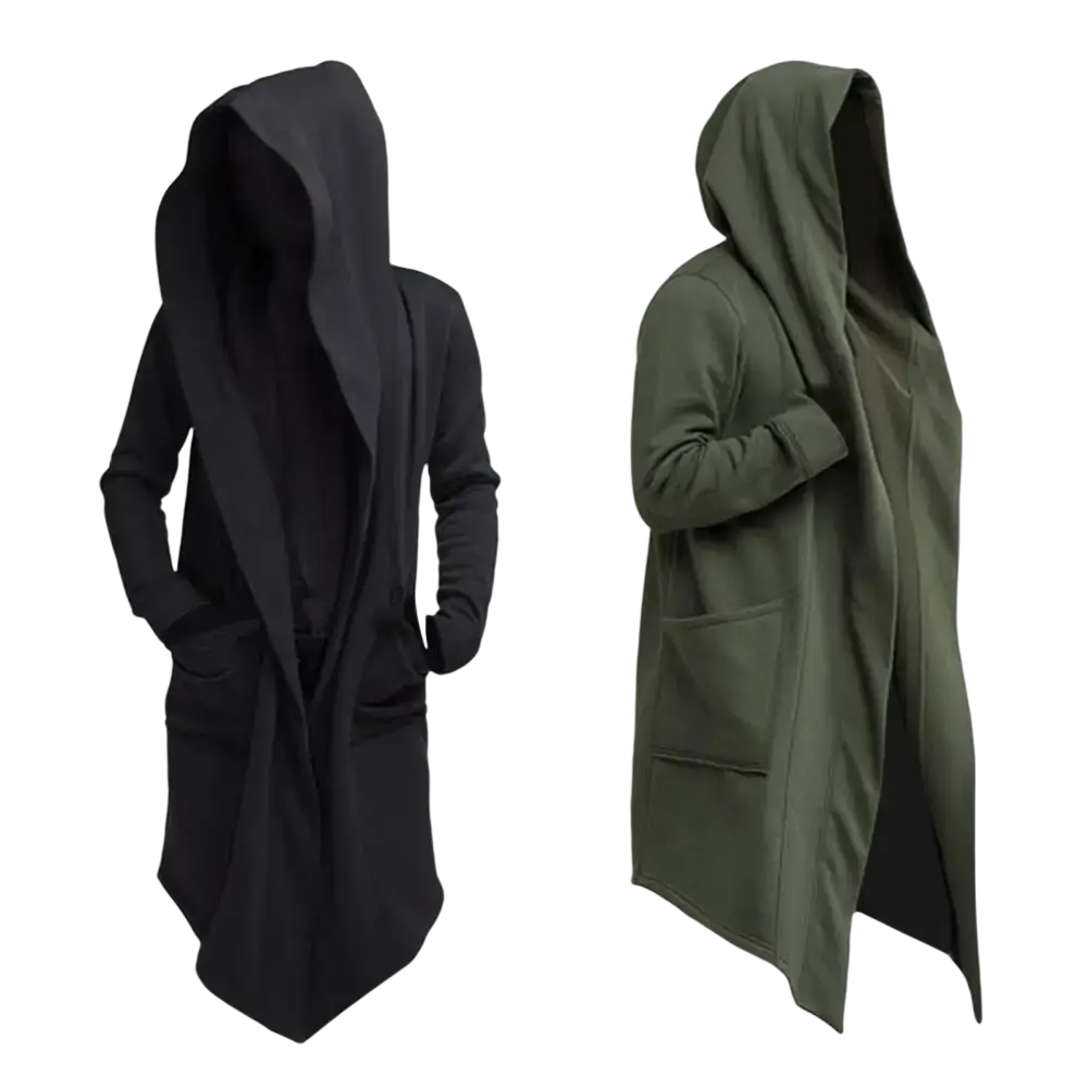 Men gothic hooded long cloak jacket in black and olive green with long sleeves front pockets and relaxed fit