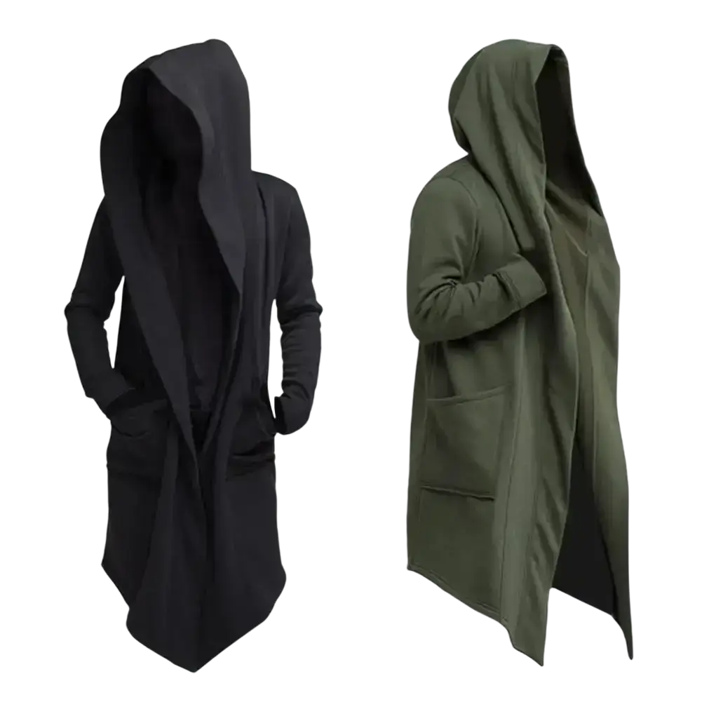 Men gothic hooded long cloak jackets in black and olive green with front pockets long sleeves and relaxed fit