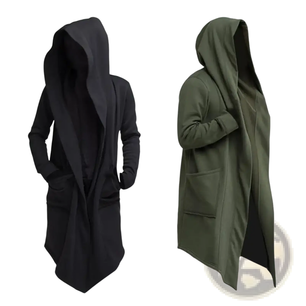 Men gothic hooded long cloak jacket in black and olive green with long sleeves front pockets and relaxed fit