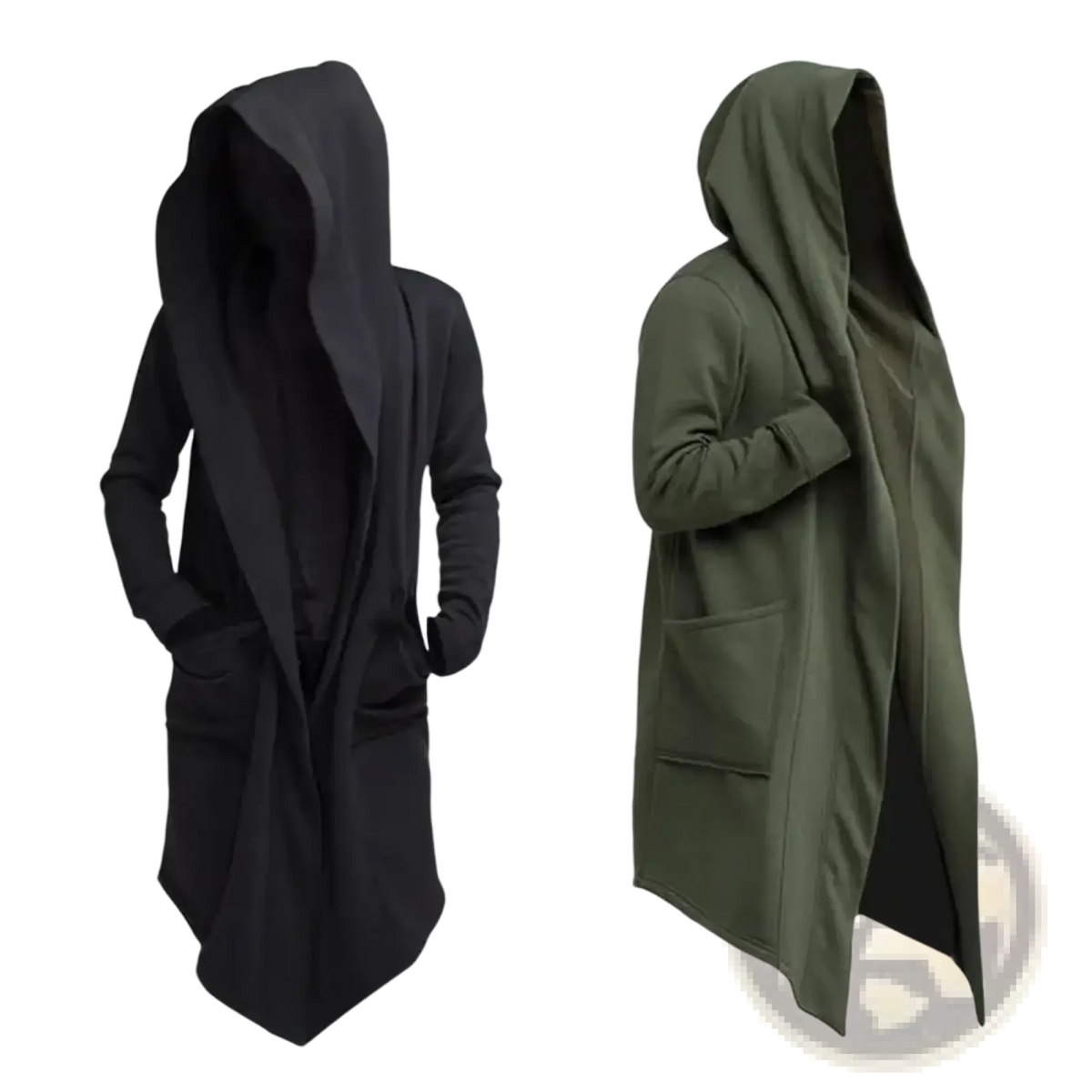 Men gothic hooded long cloak jacket in black and olive green with long sleeves front pockets and relaxed fit