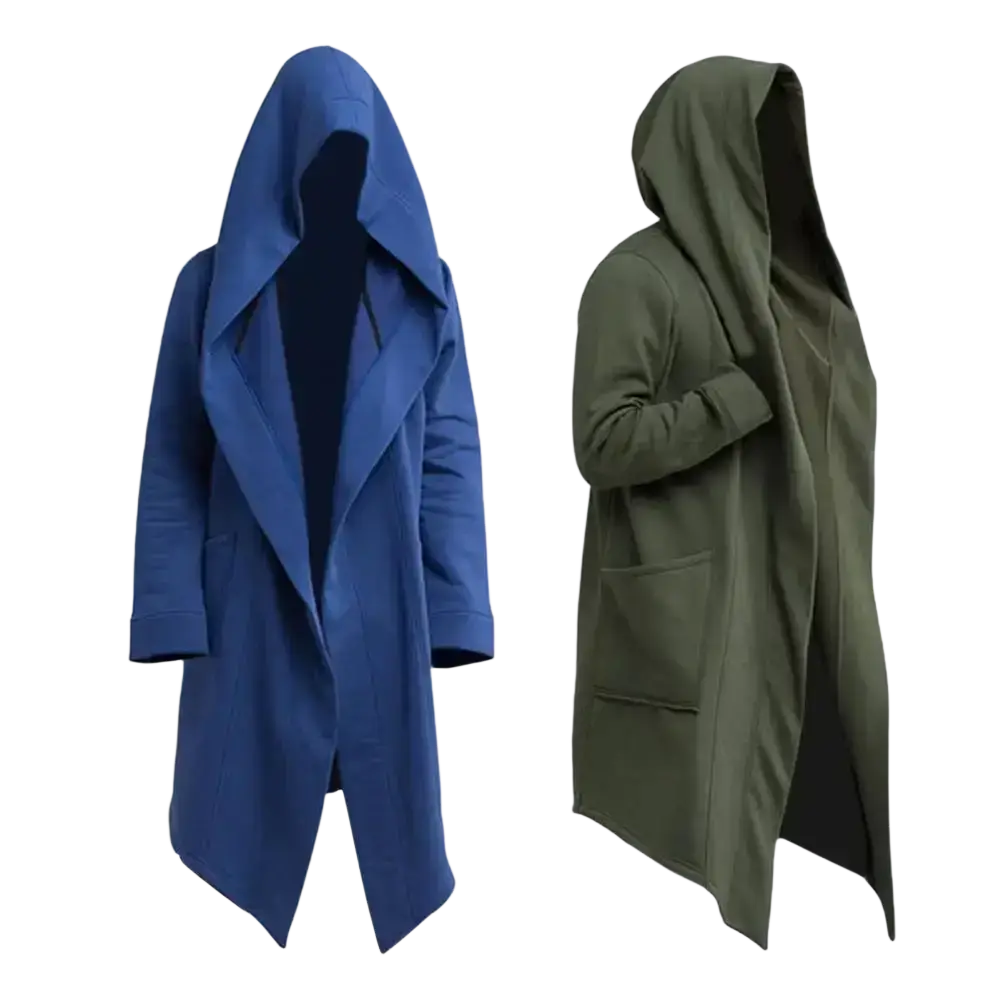 Men gothic hooded long cloak jackets in blue and olive green with a flowing design ideal for gothic hooded style