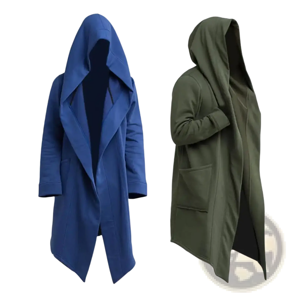Men gothic hooded long cloak jackets in blue and olive green with relaxed fit and long cut shown from the back side