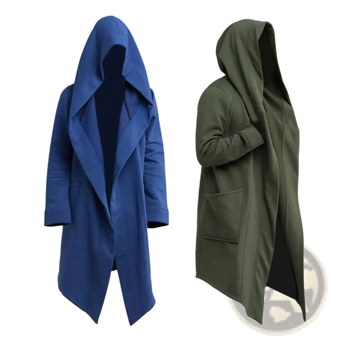 Men gothic hooded long cloak jackets in blue and olive green with relaxed fit and long cut shown from the back side