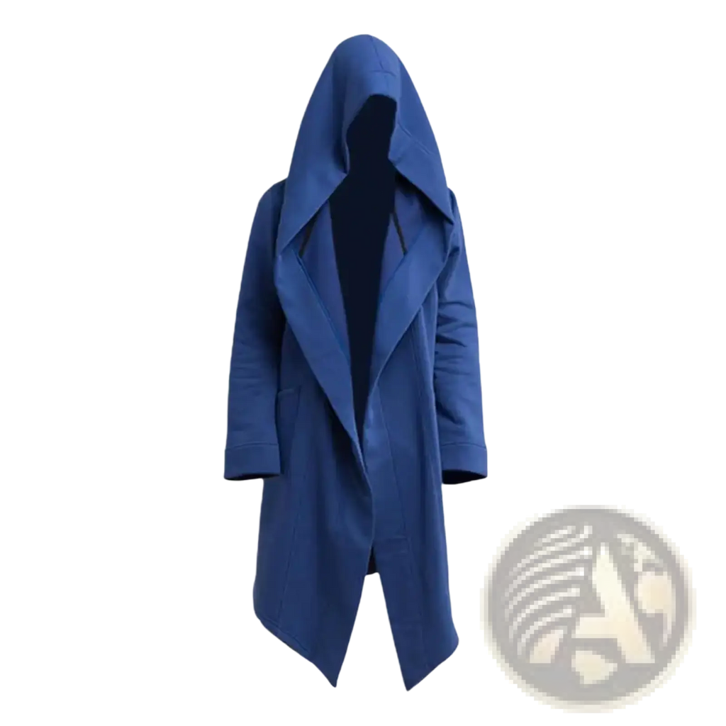 Men gothic hooded long cloak jacket in deep blue with sleek modern design and subtle textured fabric