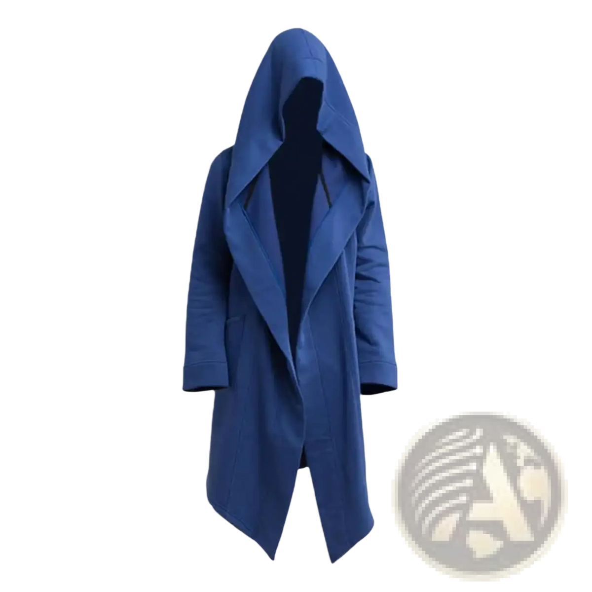 Men gothic hooded long cloak jacket in deep blue with sleek modern design and subtle textured fabric