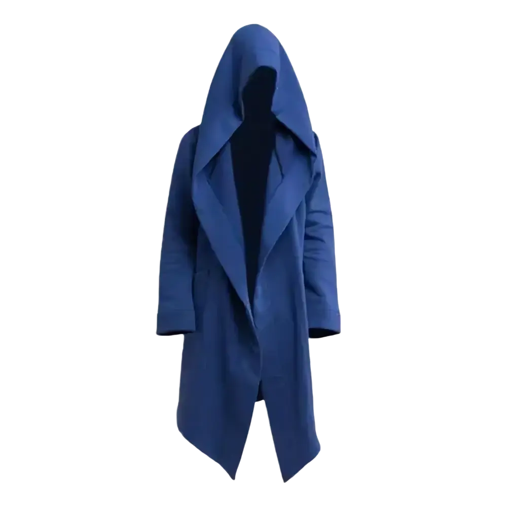 Men gothic hooded long cloak jacket in deep blue with draped front and asymmetrical hem design
