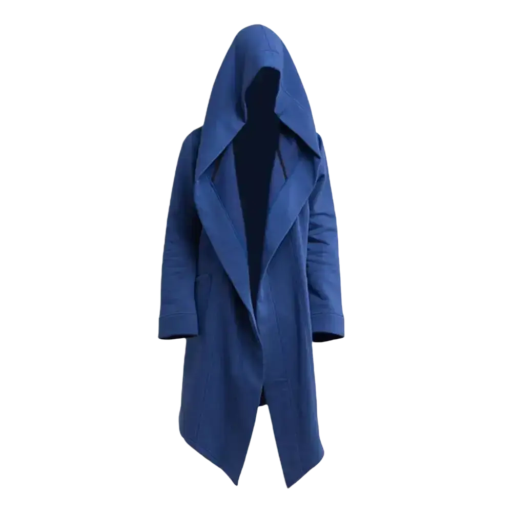 Men gothic hooded long coat jacket in deep blue with sleek tailored design and front pockets for stylish outerwear