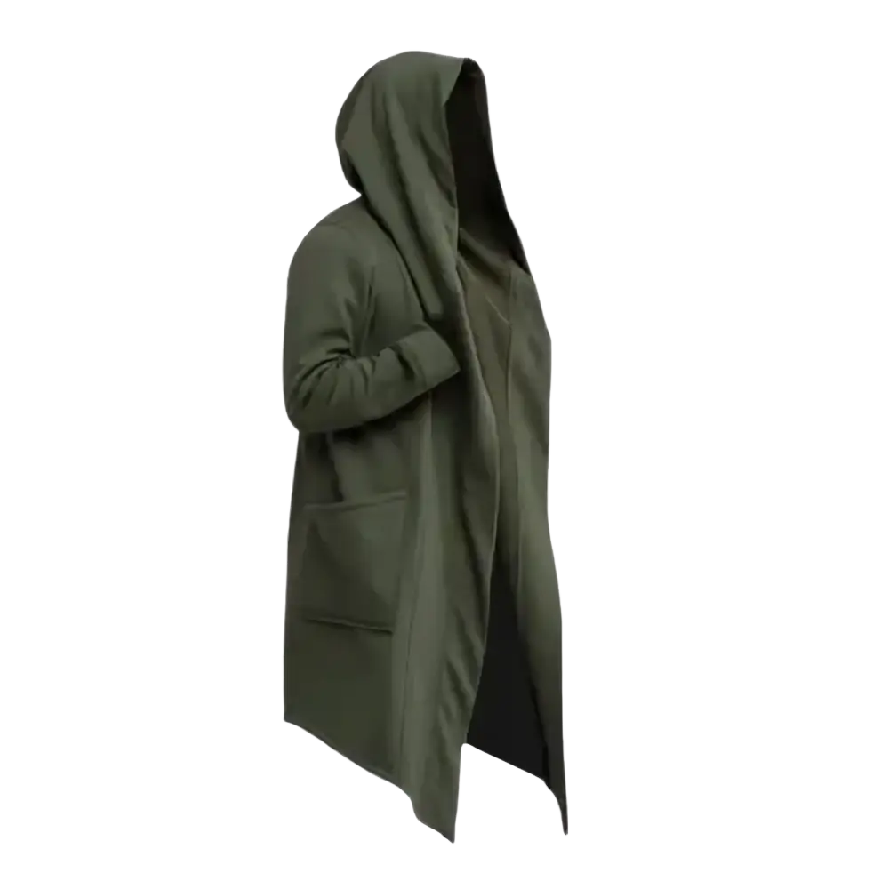 Olive green men gothic hooded long cloak jacket with relaxed silhouette and front pockets