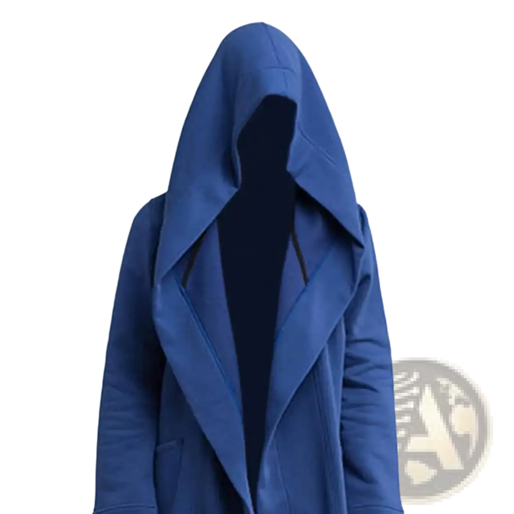 Men gothic hooded long cloak jacket in royal blue with structured silhouette and black zipper details