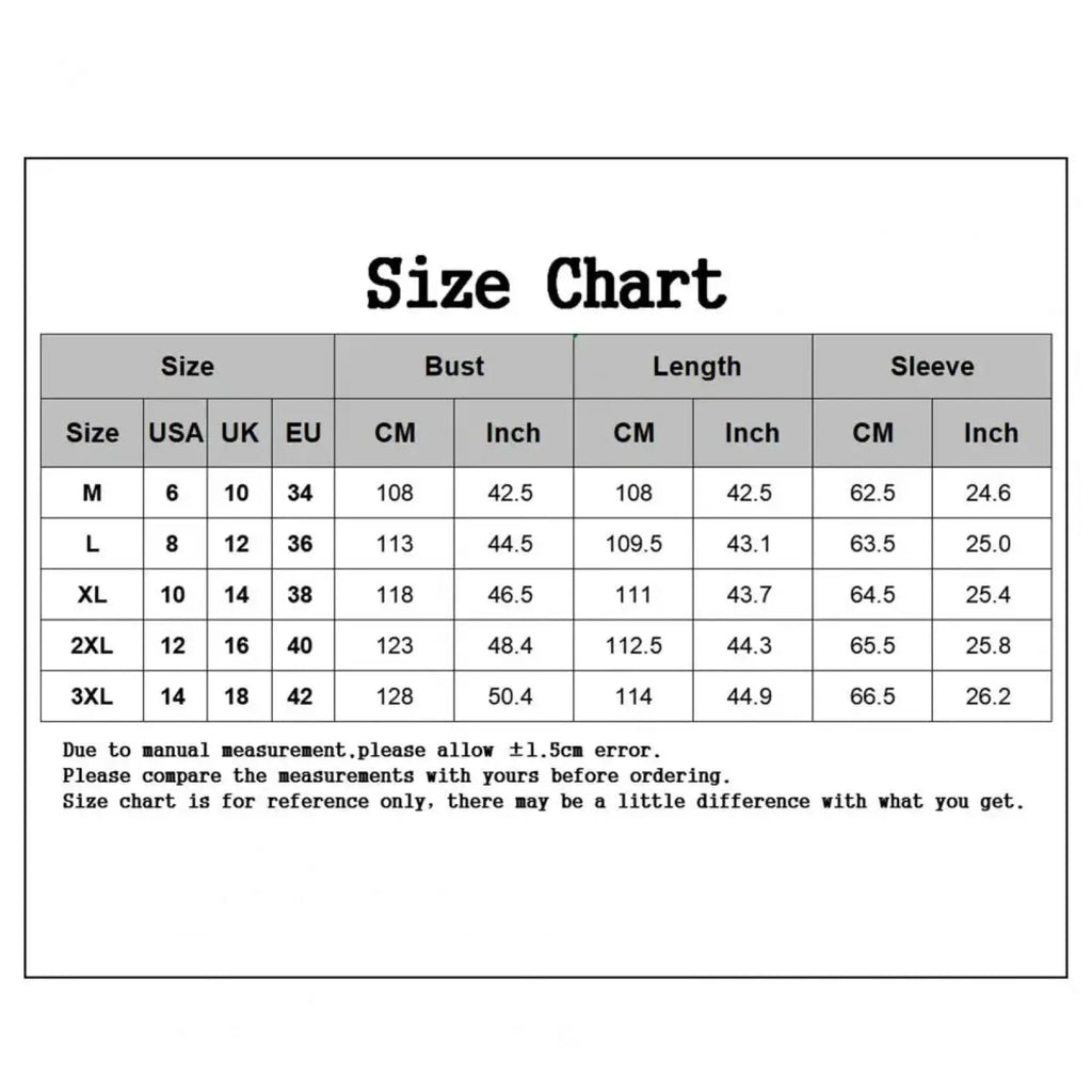 Size chart for men gothic hooded long cloak jacket showing measurements in various units from size m to 3xl