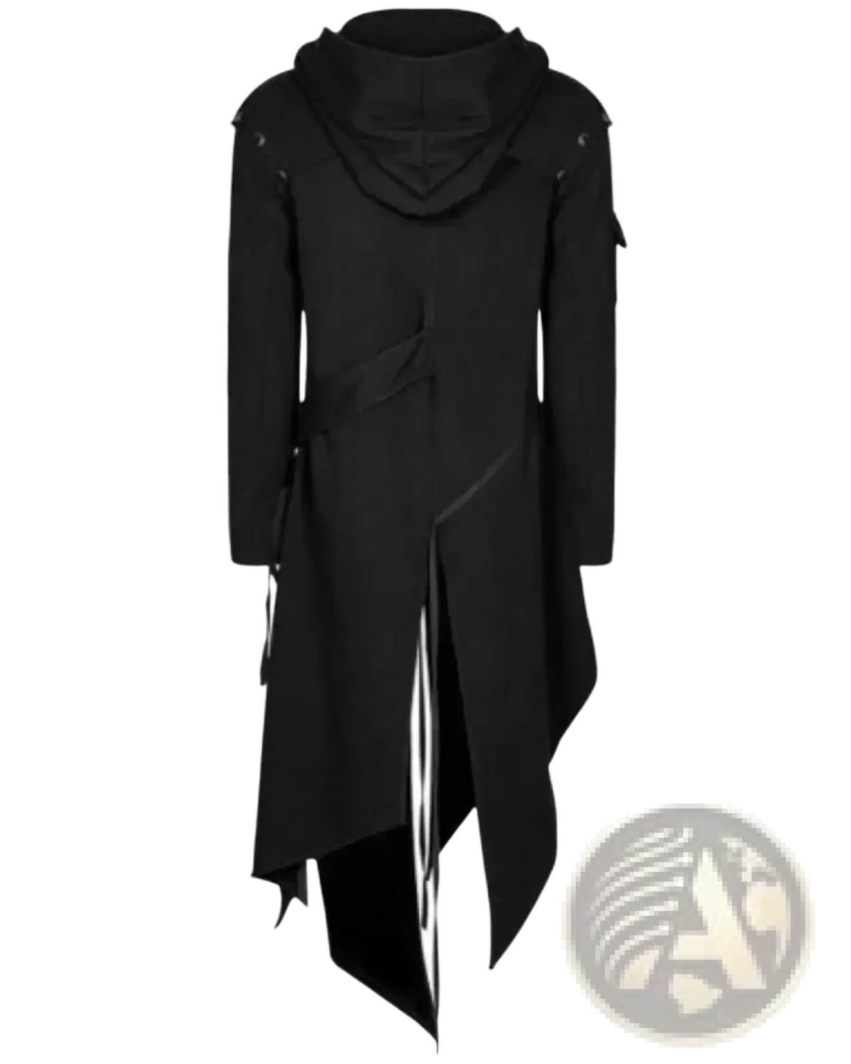 Black men gothic hooded trench coat with asymmetrical design high collar and angular cutouts on the front