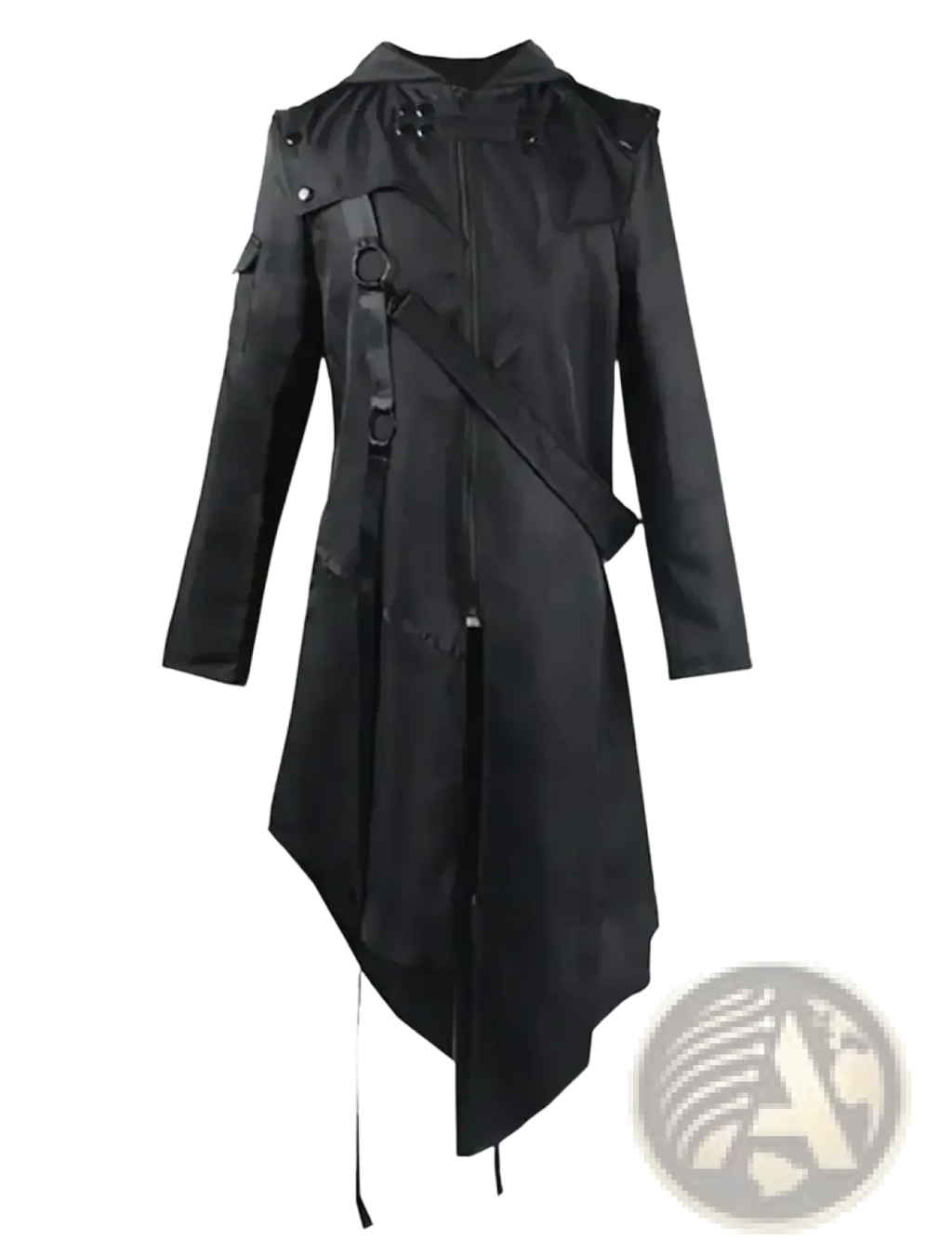 Men gothic hooded trench coat in black featuring asymmetrical design and tactical straps with buckles across the chest
