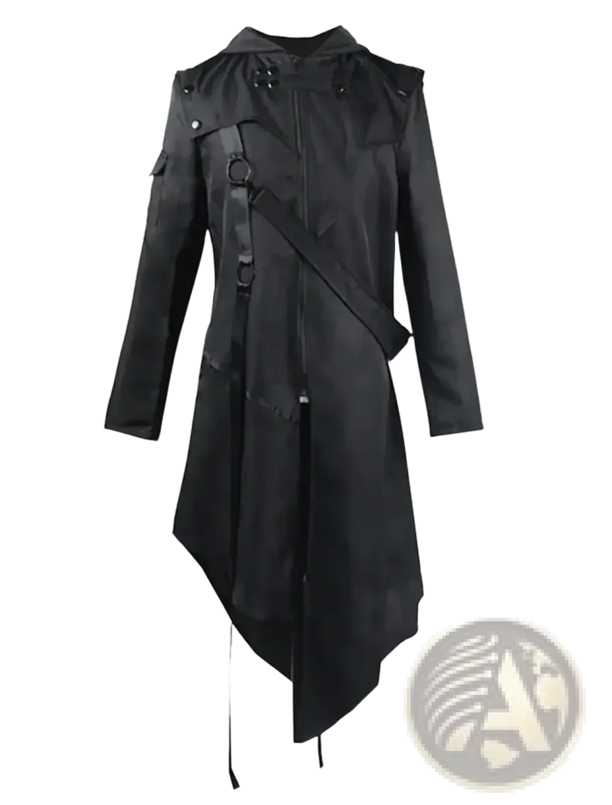 Men gothic hooded trench coat in black featuring asymmetrical design and tactical straps with buckles across the chest