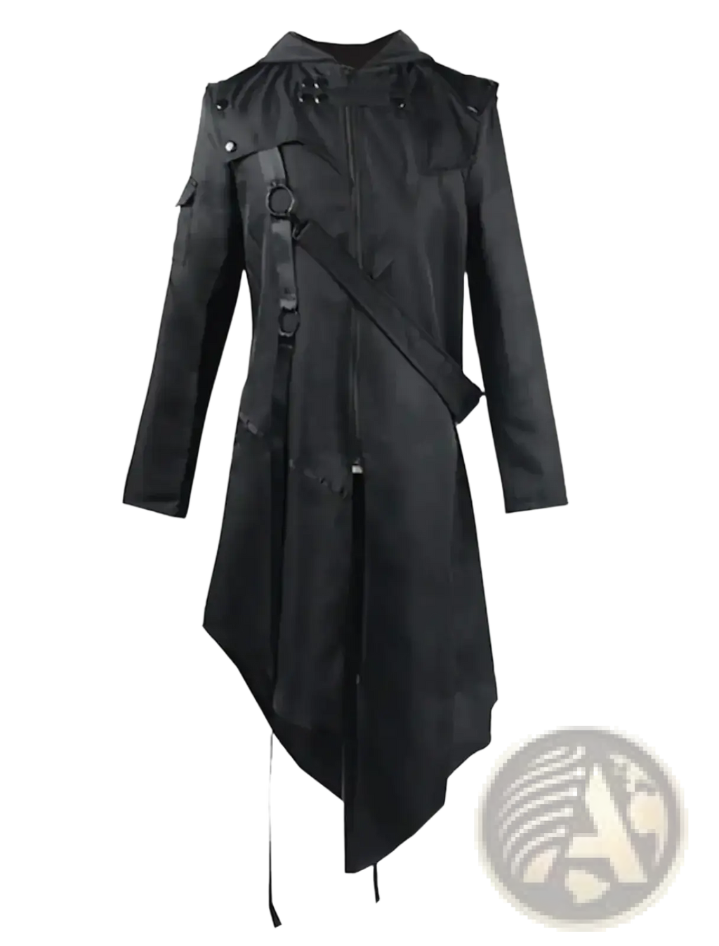 Men gothic hooded trench coat in black featuring asymmetrical hem and reinforced straps with buckles across the chest