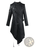 Men gothic hooded trench coat in black featuring asymmetrical hem and reinforced straps with buckles across the chest