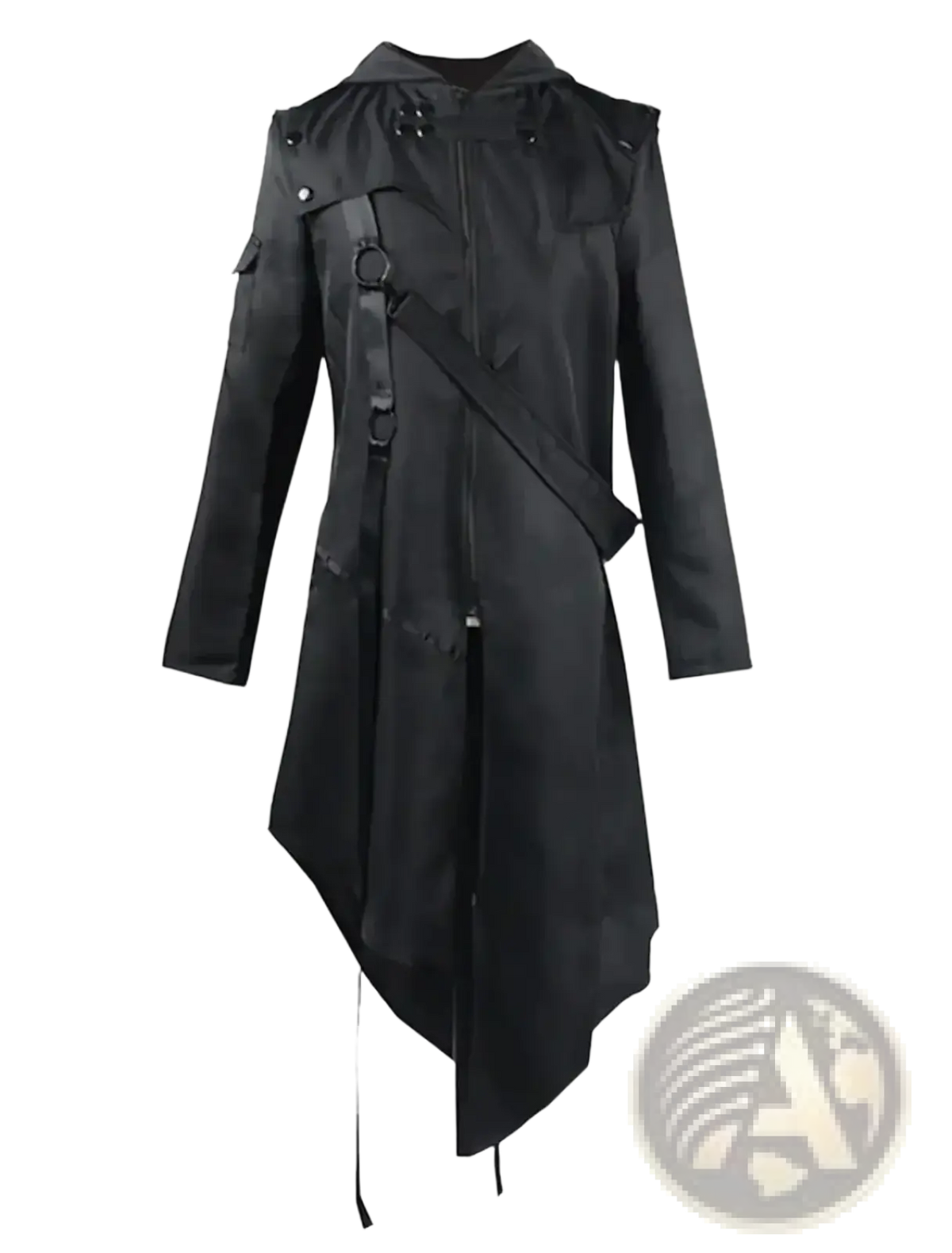 Men gothic hooded trench coat in black featuring asymmetrical hem and reinforced straps with buckles across the chest