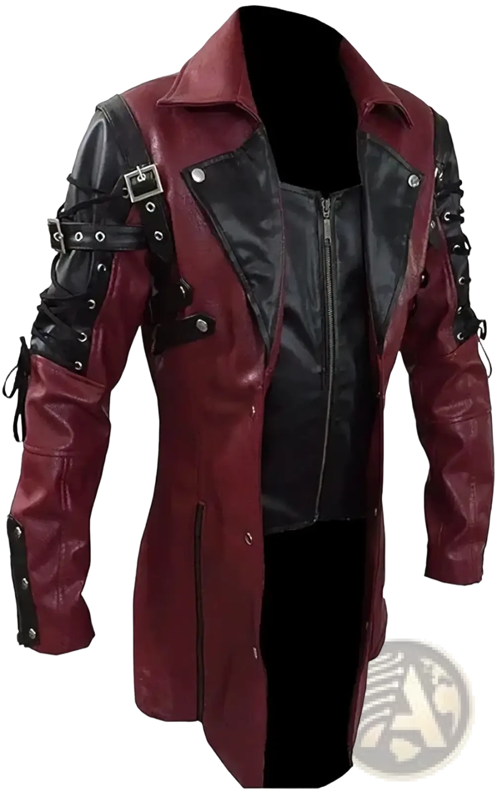 Men gothic steampunk maroon leather trench coat with lace-up sleeves silver hardware and central zipper detailing