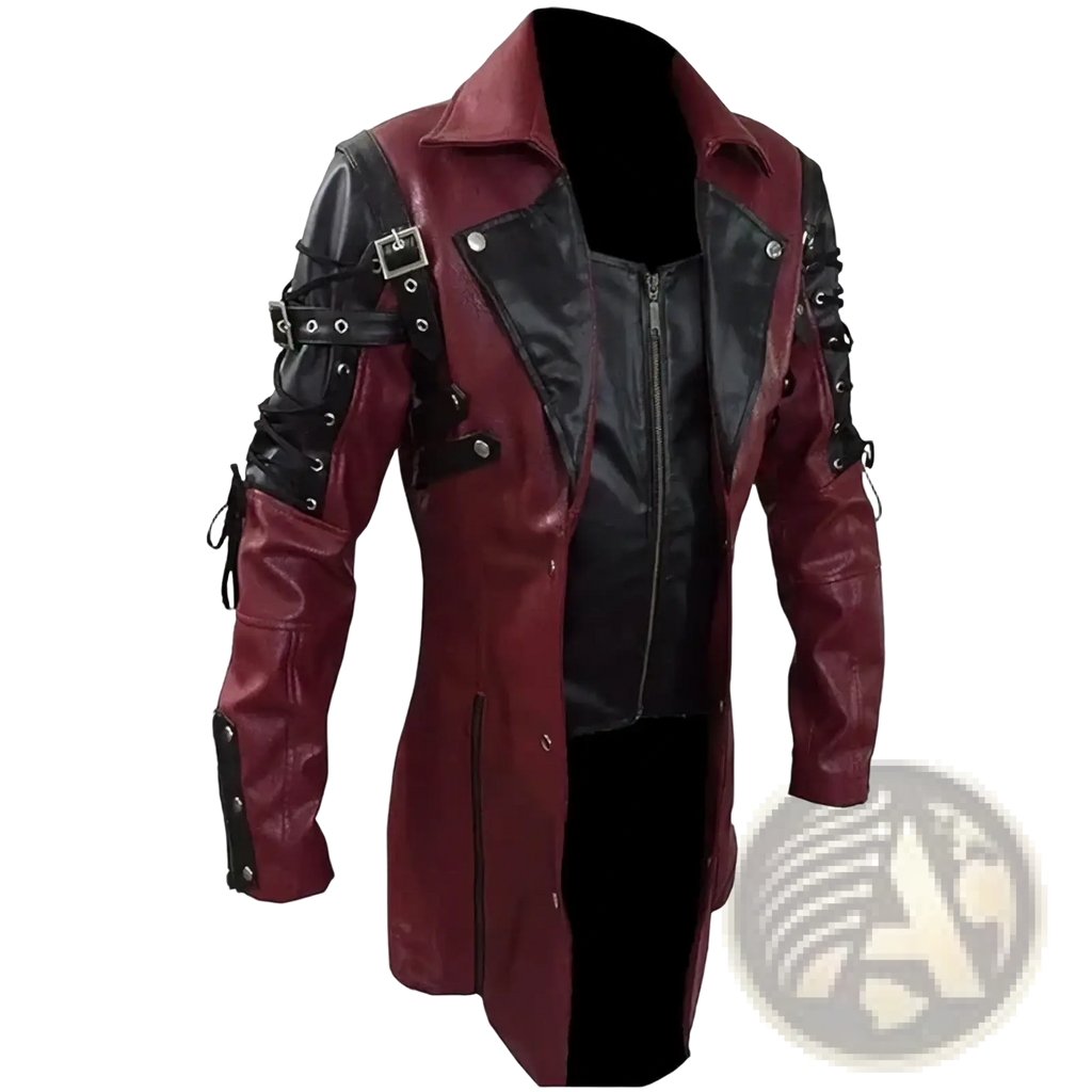 Men Gothic Steampunk maroon and black leather trench coat with lace-up arms and silver hardware accents