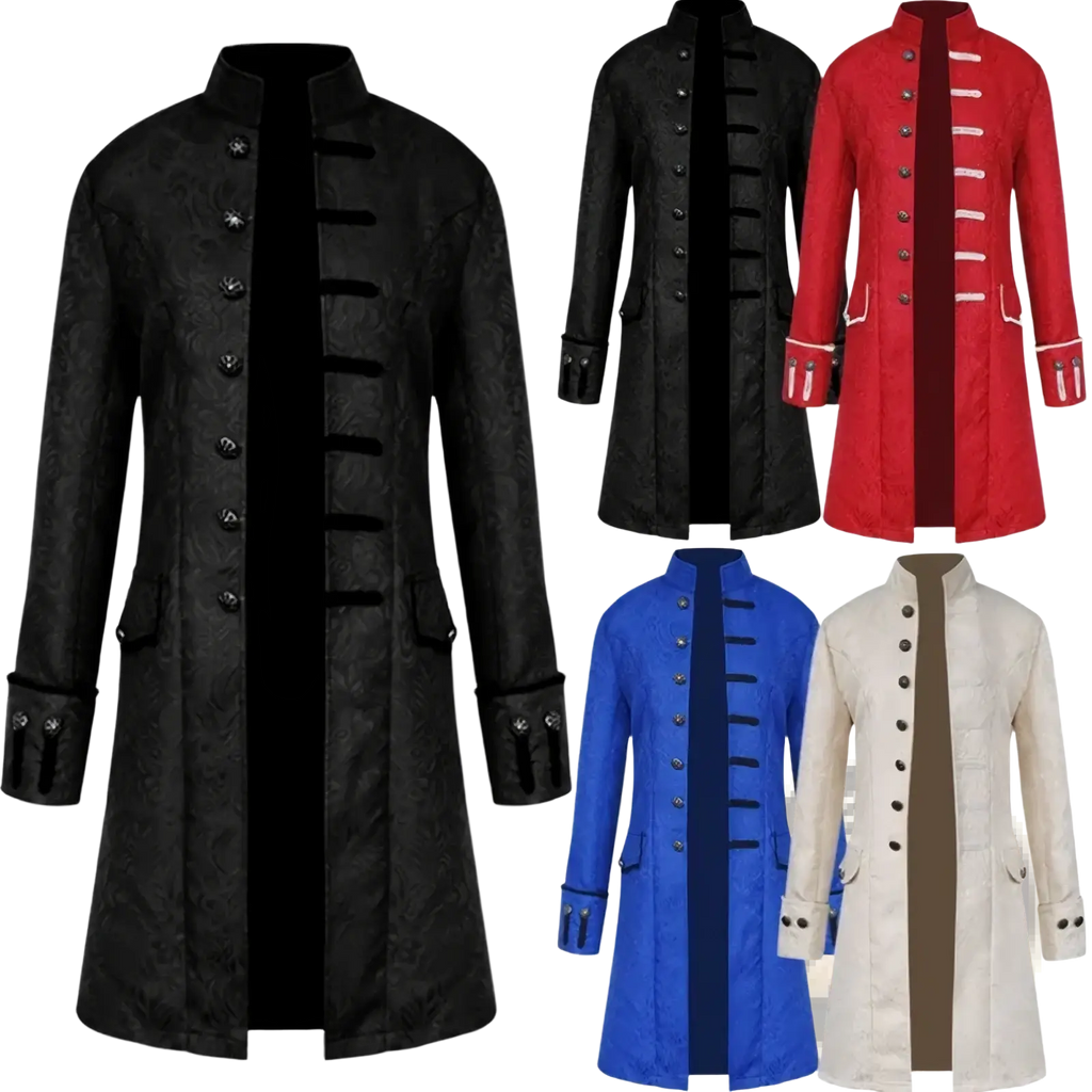 Men gothic steampunk trench coat in black textured fabric with ornate button closures and decorative cuffs
